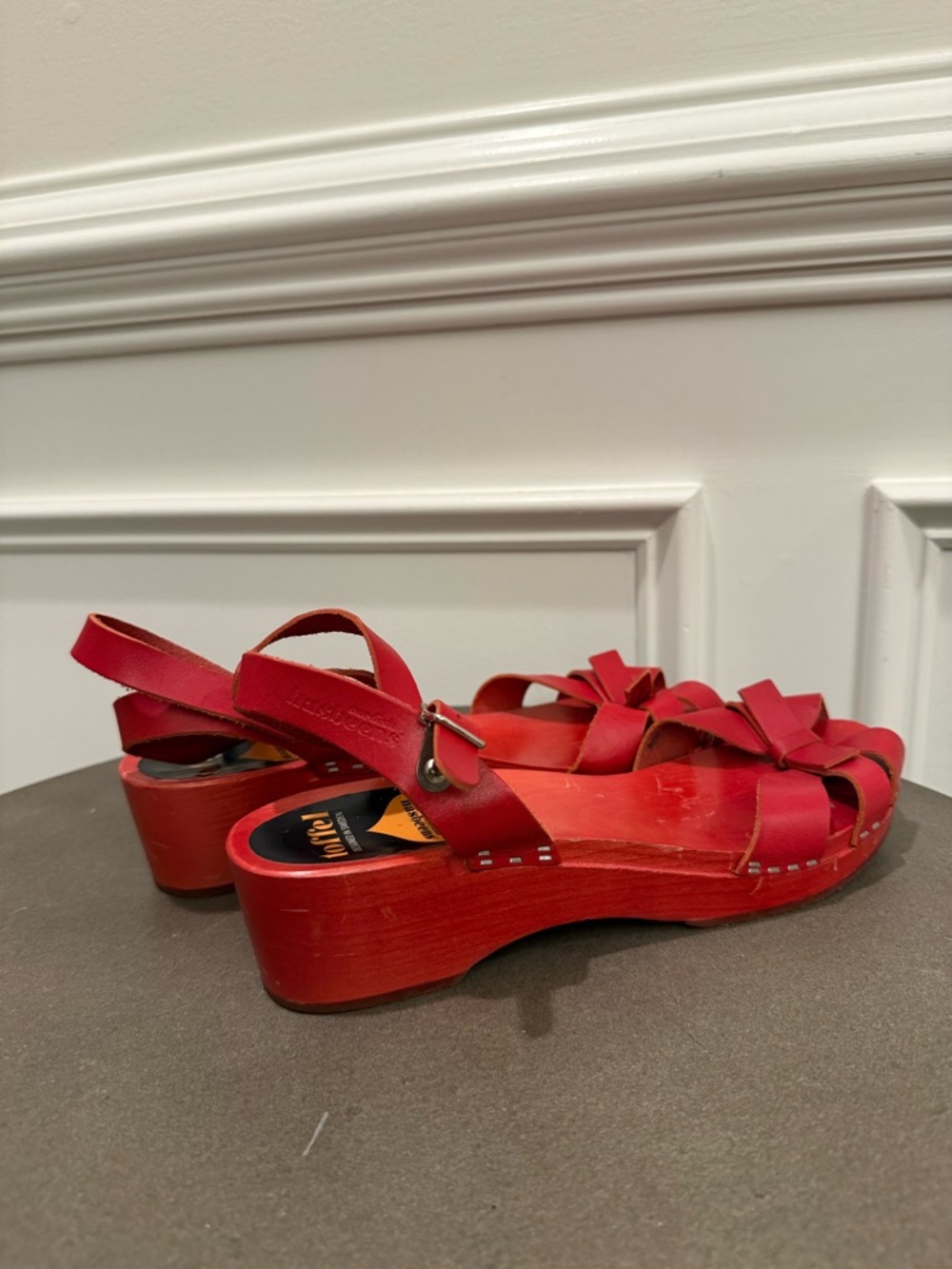 Swedish Hasbeens Red Bow Peep-Toe Sandals with Ankle Strap - Picture 5 of 9
